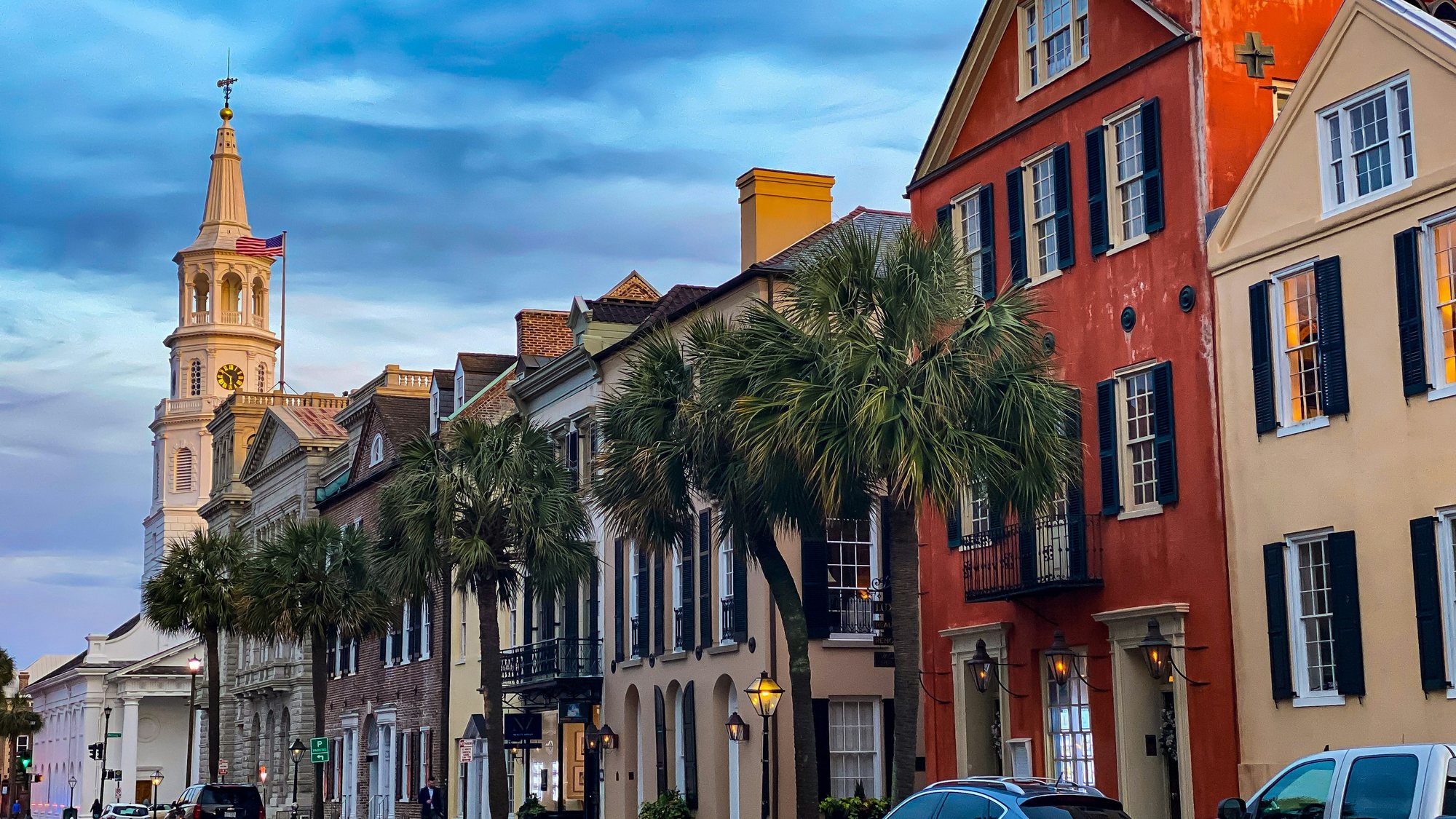 Historic buildings and a church steeple in downtown Charleston