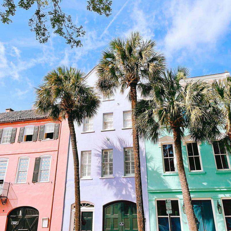 Pastel row houses and palmettos in downtown Charleston